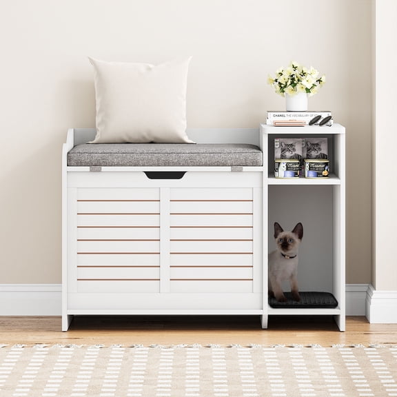 CazToi Litter Box Furniture Enclosure 33.8Inch Hidden Cat Box Dual Doors Storage Shelf Cushion Top Wooden End Table