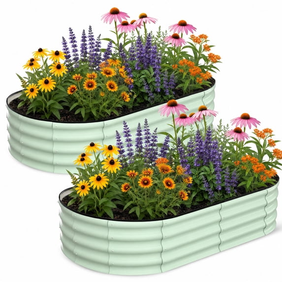 CazToi Oval Raised Garden Bed 6×3×1FT, 2-Pack Color Steel Metal Planter Box, Outdoor Elevated Planting Bed, 0.7mm Thick