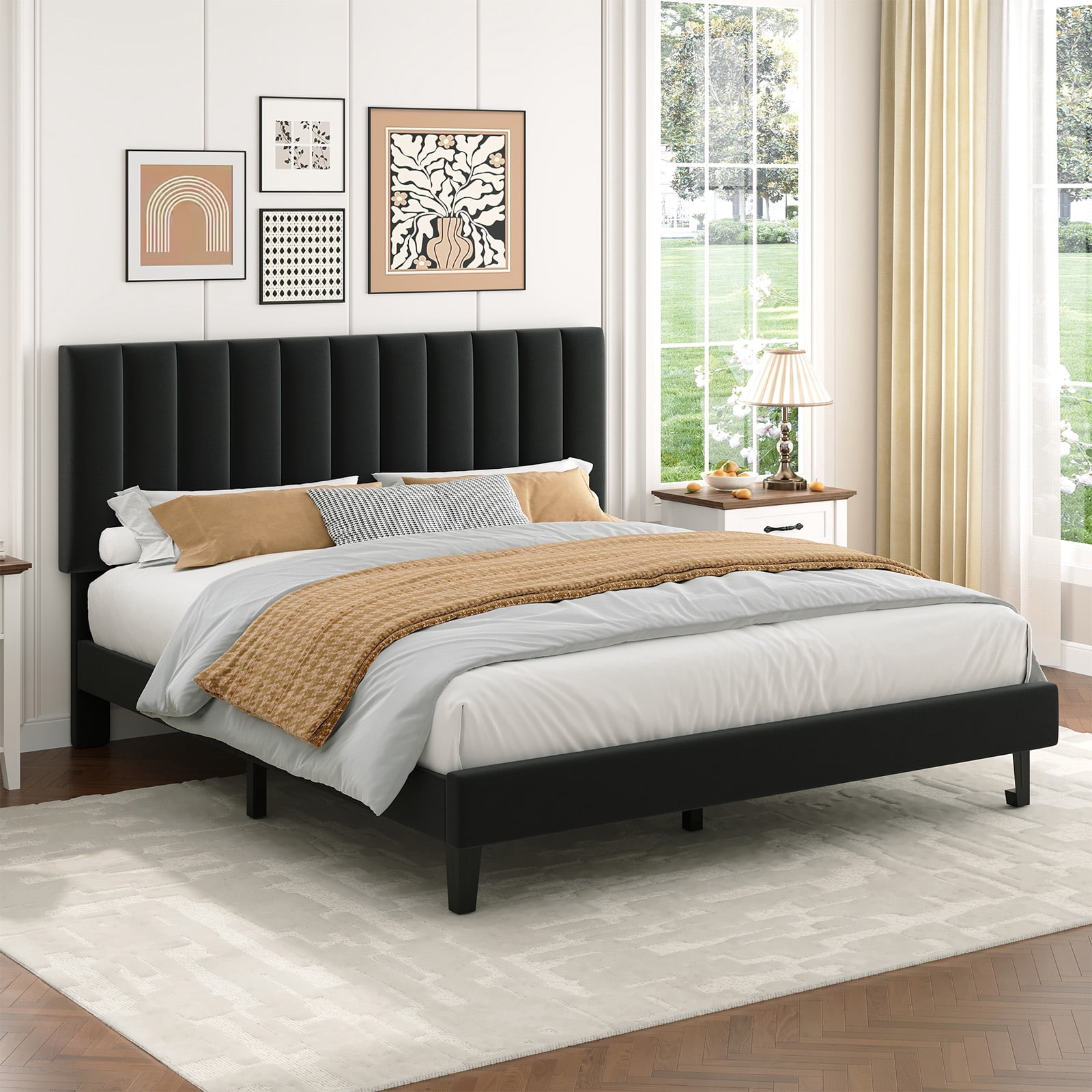 CazToi Queen Size Upholstered Bed Frame with Vertical Channel Tufted Headboard Sturdy Wooden Slats Noise Free