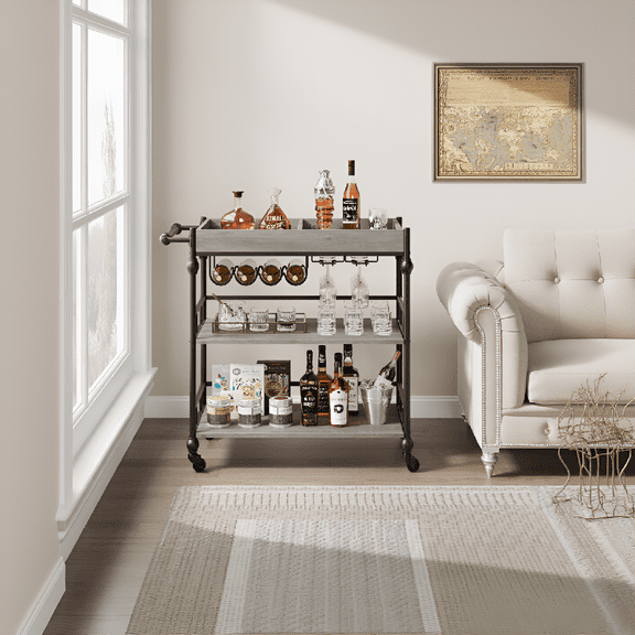CazToi Roman Column Bar Cart with Wheels, MDF and Iron Rolling Serving Cart, Modern Beverage Trolley