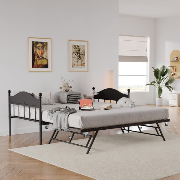 CazToi Sofa Bed with Trundle Set, Iron + MDP Frame Convertible Sofa Sleeper with Pull Out Trundle, Space Saving Couch Bed