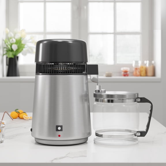 CazToi Stainless Steel Water Distiller 750W 4L Distilled Water Maker with Glass Pot, Countertop Home Distilling Machine US Plug 110V