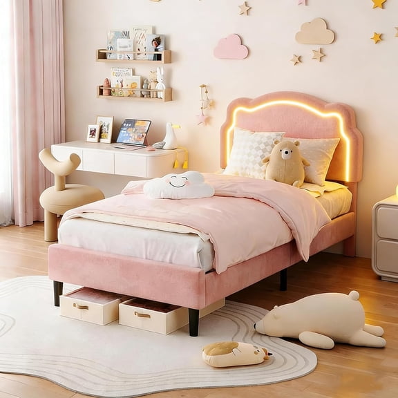 CazToi Twin Smart LED Platform Bed Frame with RGB Lights & Bear Headboard Velvet Upholstered No Box Spring Needed