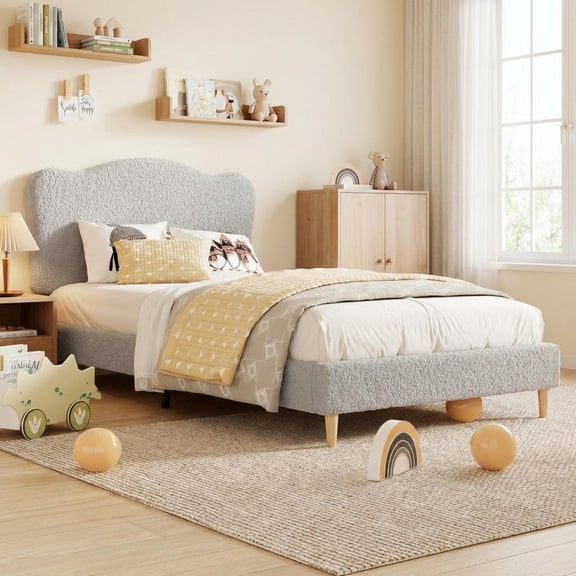 CazToi Upholstered Platform Bed Frame with Scallop Headboard Velvet No Box Spring Needed Twin Size