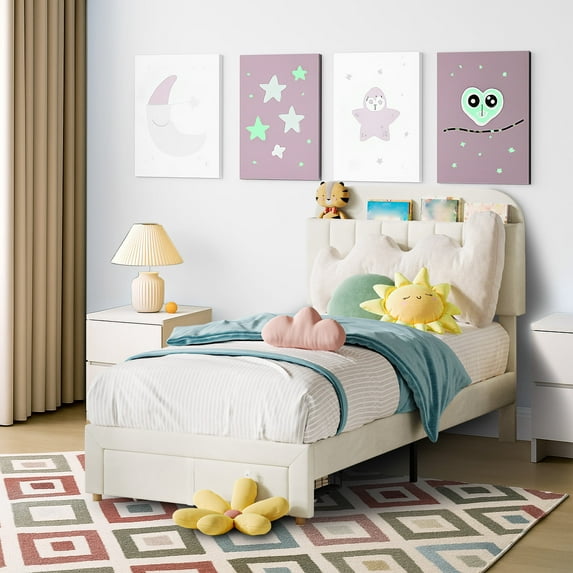 CazToi Upholstered Platform Twin Bed Frame Large Storage Drawer Included & No Box Spring Needed for Home