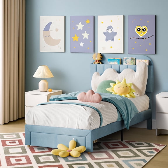 CazToi Upholstered Platform Twin Bed Frame Large Storage Drawer Included & No Box Spring Needed for Home