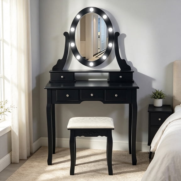 CazToi Vanity Desk with Mirror & Stool & Lights, MDF Dressing Table with Drawers