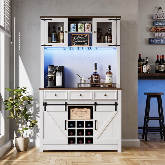CazToi Wine Bar Cabinet with Sliding Barn Doors, 3 Drawer Farmhouse Liquor Cabinet with Glass Doors, 9-Bottle Rack and Stemware Holder, Tall Home Bar Storage Cabinet White and Brown