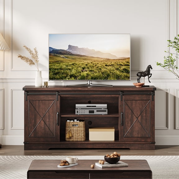 CazToi Wire Barn Door TV Stand for 65 Inch Televisions, Farmhouse Entertainment Center with Storage Cabinets and Adjustable Shelves, Brown Wood Grain