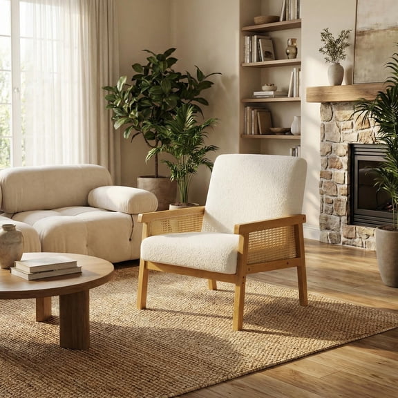 CazToi Wood Chair with Rattan Details, Upholstered Lounge Chair with Linen-Like Fabric, Ergonomic Armchair