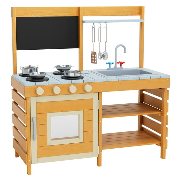 CazToi Wood Mud Play Kitchen Wooden Pretend Play Cooking Set with 7-Piece Stainless Steel Utensils for Kids