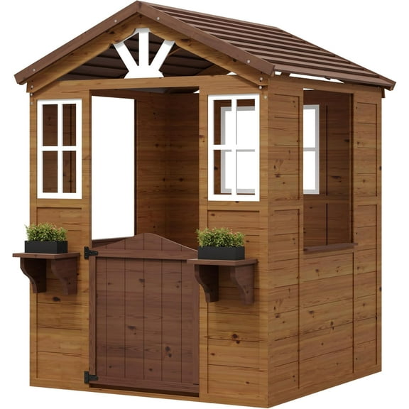 CazToi Wooden Play House for Kids With Play Kitchen Adventures Cottage for Backyard