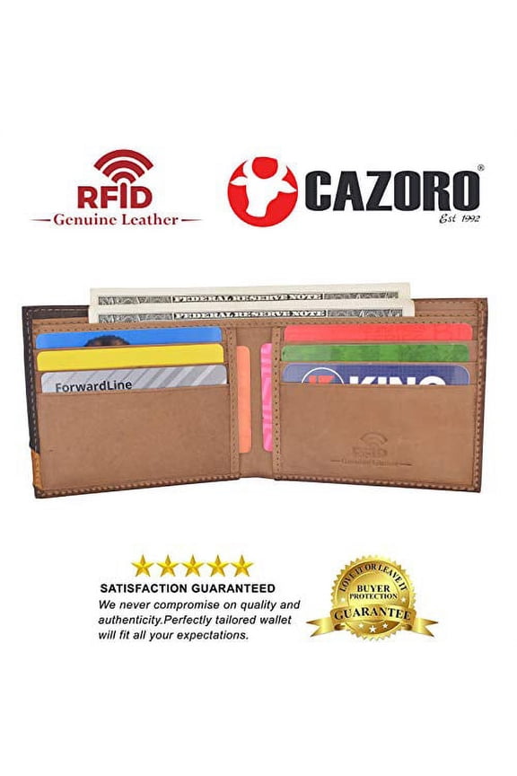 Cazoro Men's Slim Pocket Hunter Leather Bifold Travel Credit Card thin Wallet RFID Safe