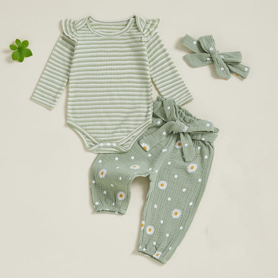 Cbcbtwo Baby Girl Clothes 3 Piece Outfits Ruffle Long Sleeve Ribbed Bodysuit & Daisy Floral Pants Headband Set Infant Newborn Cotton Layette Gift Fall Winter