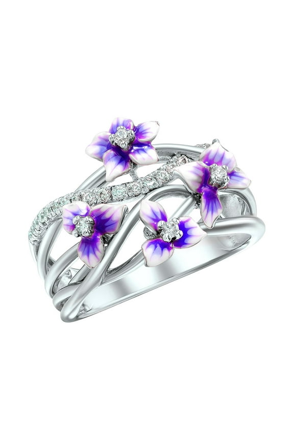 Cubic Zirconia Rings Violet Floral Pattern, Silver