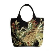 Cbcbtwo Womens Canvas Embroidery Phoenix Ethnic Style Tote Bag, Black