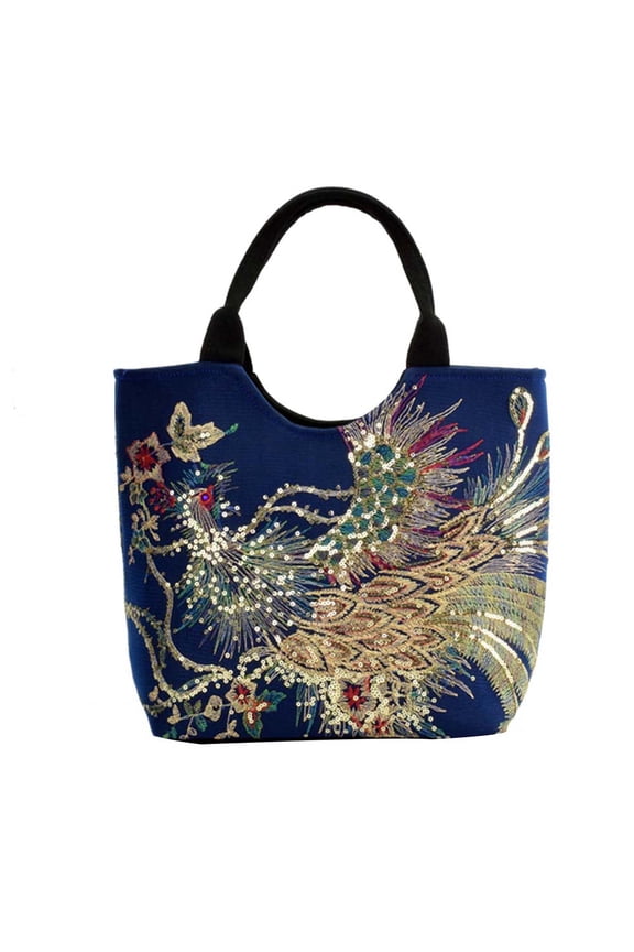 Women's Canvas Phoenix Pattern Embroidery Ethnic Style Shoulder Tote Bag, Blue