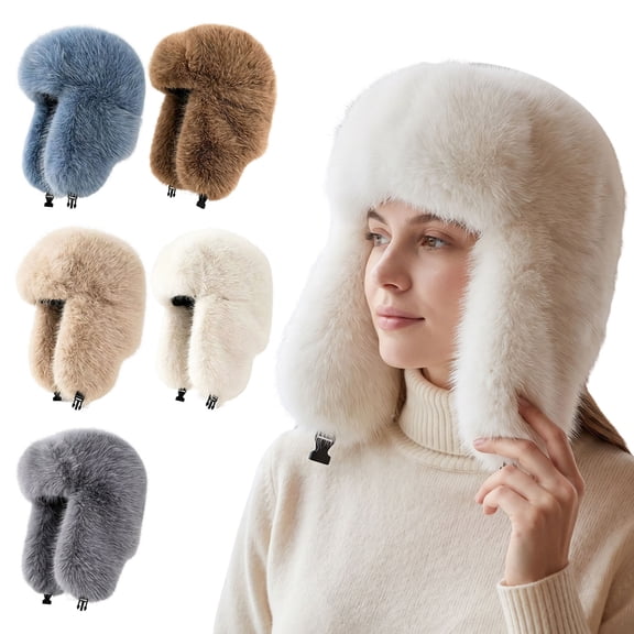 Cbehtwi Faux Fur Trapper Hat, Fuzzy Winter Hat with Ear Flaps, Fleece Lined Windproof Ushanka Hat for Women Cold Weather Outdoor Cycling Commuting