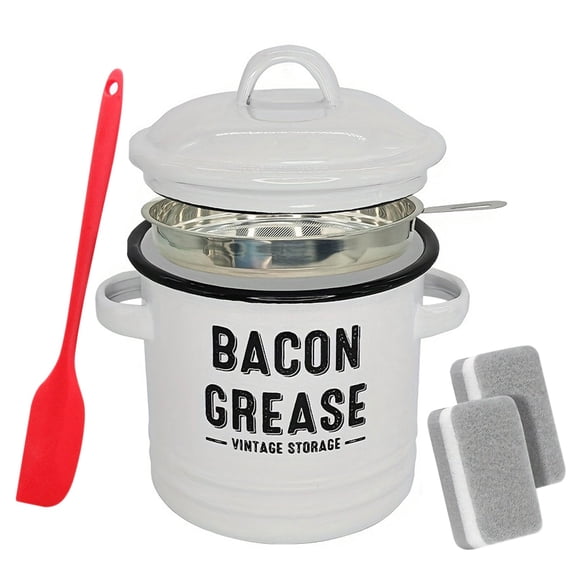 Ccgaton Store Clearance Sale! 1PC Bacon Grease Container with Strainers, Craper, Sponge - Large 46OZ Iron Kitchen Oil Storage Can, Food Saver Bin with Lid | Farmhouse Cooking Pot Keeper Collector