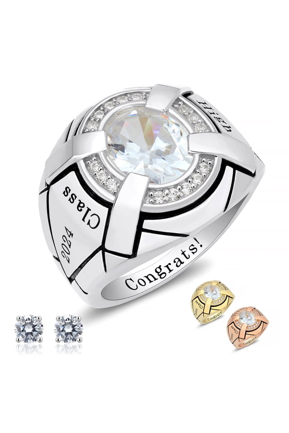 Class Ring, Cubic Zirconia Graduation Ring, Sterling Silver