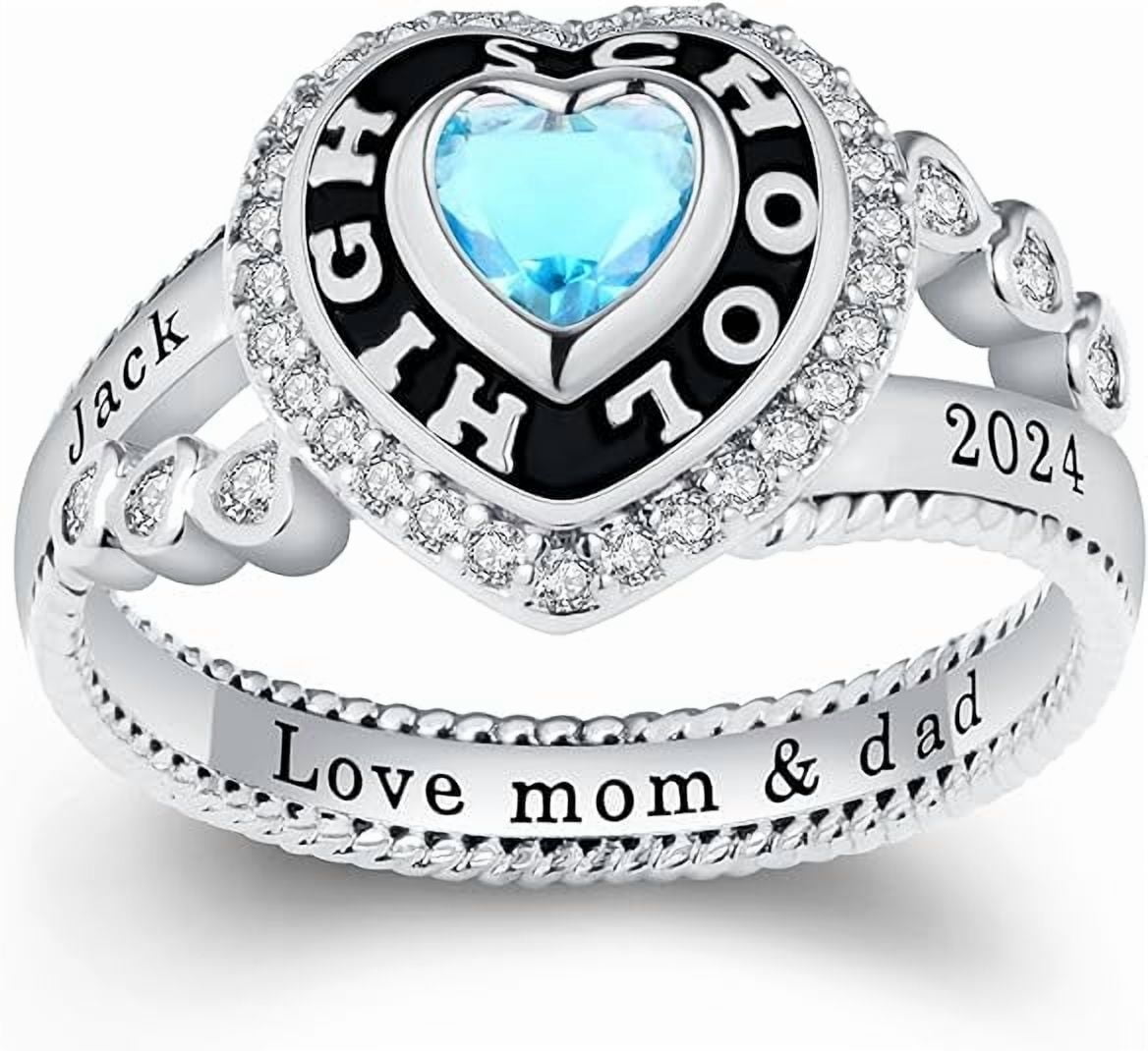 CCJCINATA Custom Class Rings Heart Shape Rings Class Rings for Women High School 925 Sterling Silver Rings Women's Class Rings Size 5-15 Graduation Rings for Women Cubic Zirconia Birthstone Rings