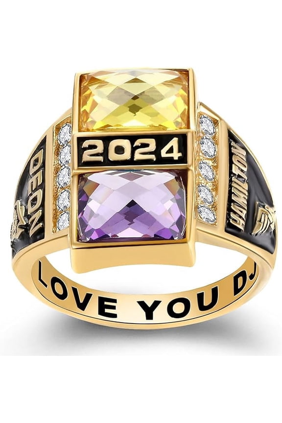 Customized Sterling Silver High School and College Class Ring Square birthstone pride ring graduation rings for men Classic Collection Fully Personalized (Sterling Silver - Gold Plated)