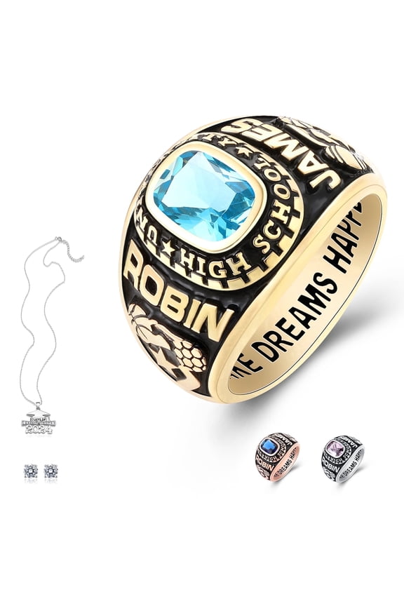 Customized Sterling Silver High School and College Class Ring for men pride ring graduation rings Classic Collection Fully Personalized (Sterling Silver - Gold Plated)