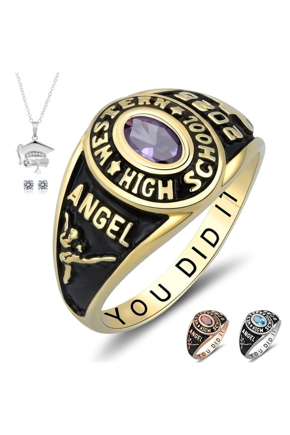 Customized Sterling Silver High School and College Class Ring for men pride ring graduation rings for women Classic Collection Fully Personalized (Sterling Silver - Gold Plated)