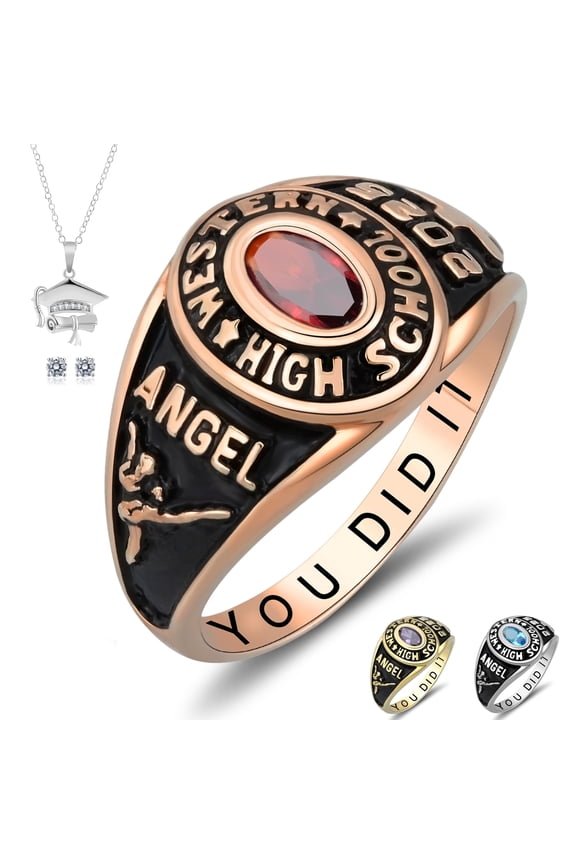 Customized Sterling Silver High School and College Class Ring for men pride ring graduation rings for women Classic Collection Fully Personalized (Sterling Silver - Rose Gold Plated)