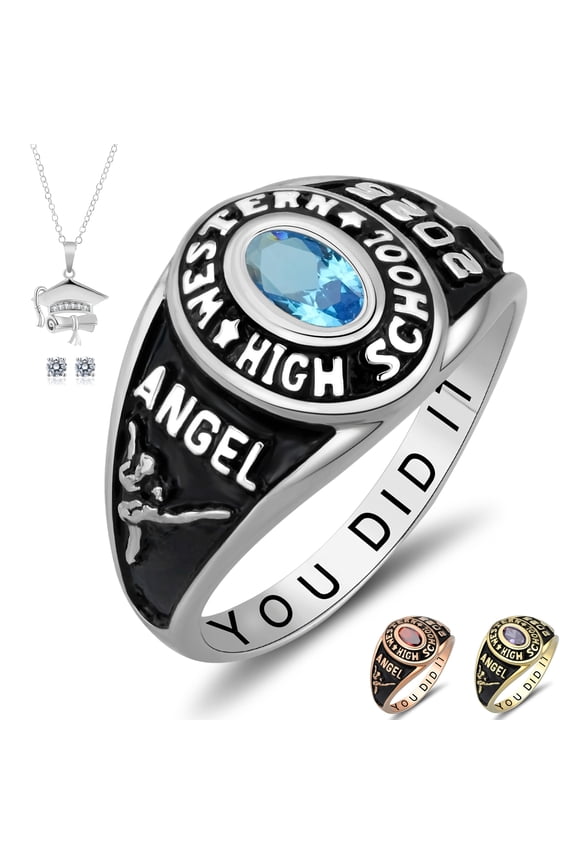 Customized Sterling Silver High School and College Class Ring for men pride ring graduation rings for women Classic Collection Fully Personalized (Sterling Silver - Platinium)