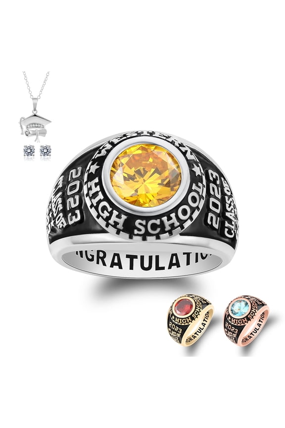 Customized Sterling Silver High School and College Class Ring pride ring graduation rings Classic Collection Fully Personalized (Sterling Silver - Platinium)