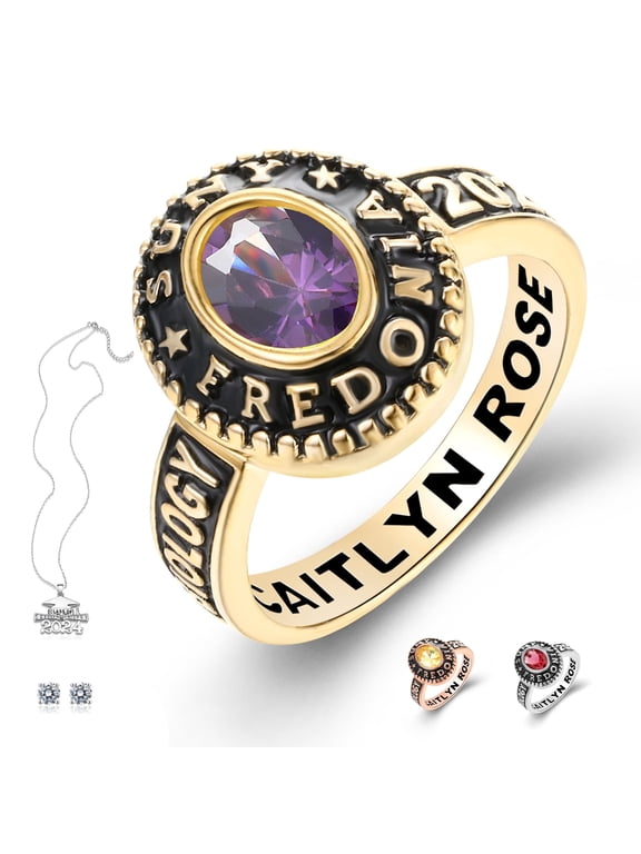 Customized High School and College Class Ring for women Black Band Collection Fully Personalized Keepsake Box Included