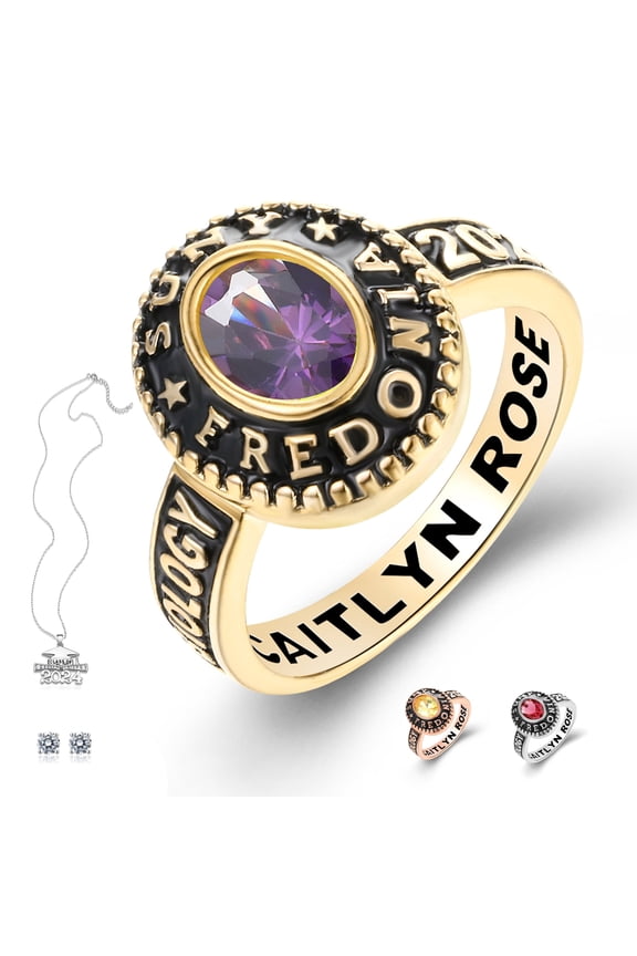 Customized Sterling Silver High School and College Class Ring for women Black Band Collection Fully Personalized Keepsake Box Included