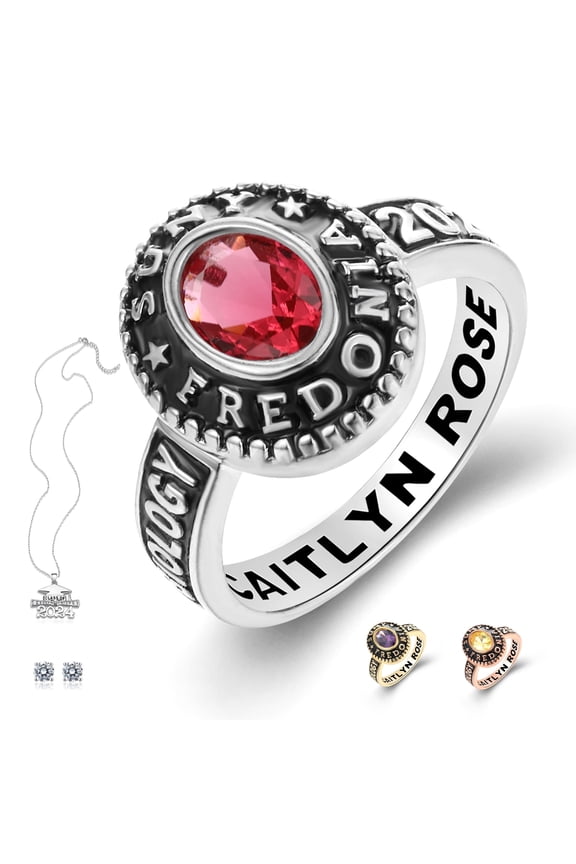Customized Sterling Silver High School and College Class Ring for women Black Band Collection Fully Personalized Keepsake Box Included