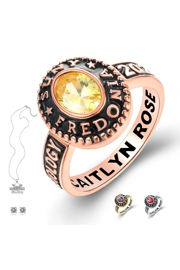 Customized Sterling Silver High School and College Class Ring for women Black Band Collection Fully Personalized Keepsake Box Included