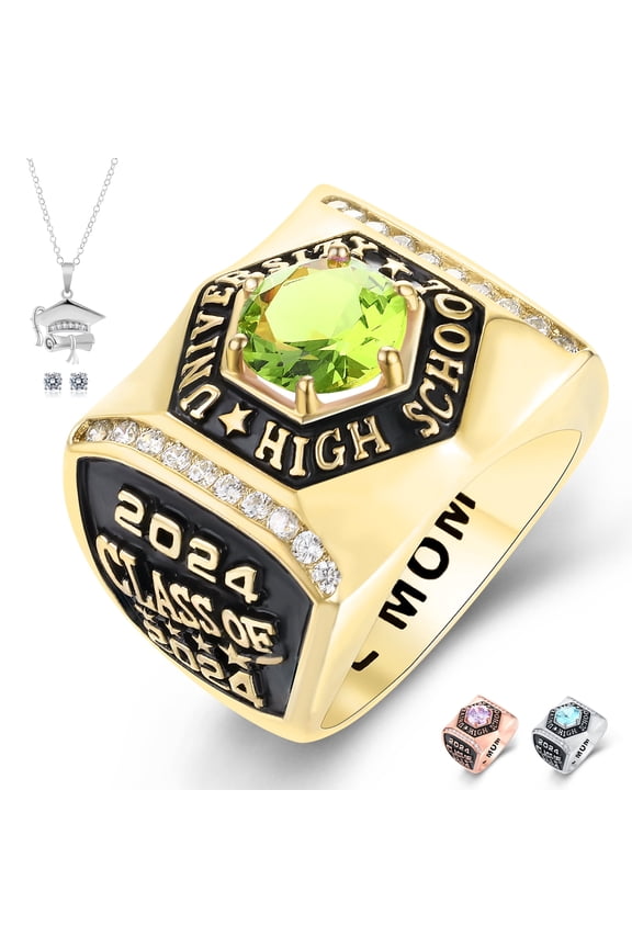 Customized Sterling Silver Mens High School and College Class Ring Fully Personalized Deluxe Collection (Gold)