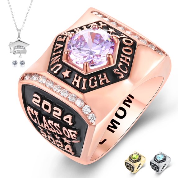 Ccjcinata Customized Sterling Silver Men’s High School and College Class Ring Fully Personalized Deluxe Collection (Rose gold)