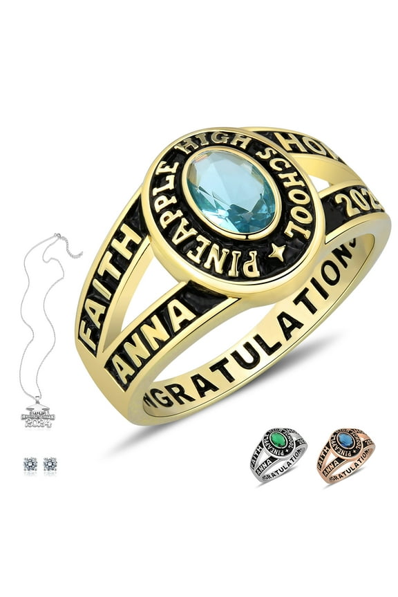 Customized Sterling Silver Womens (Ladies) High School Class Ring Fully Personalized (Sterling Silver - Gold Plated)