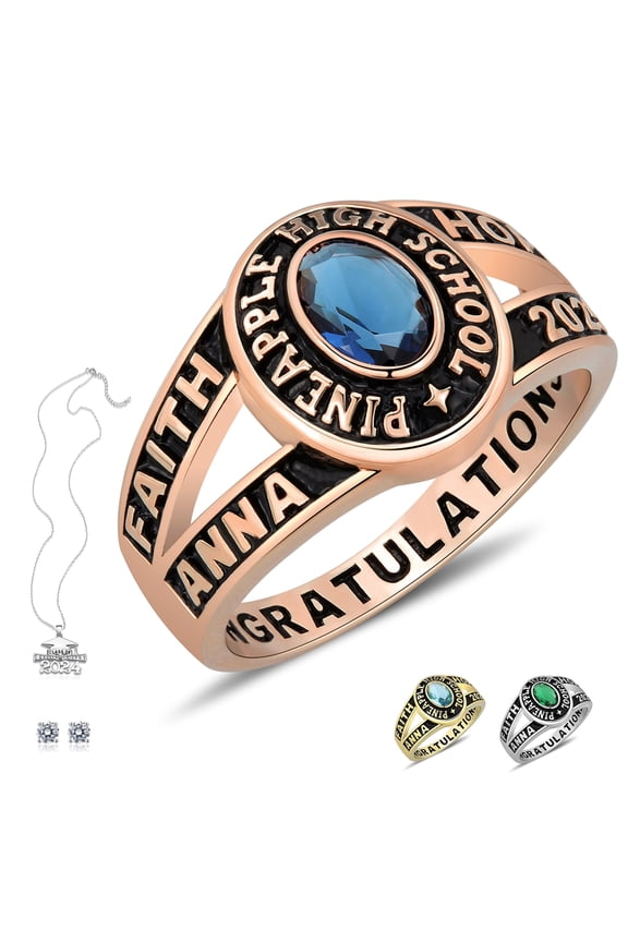Customized Sterling Silver Womens (Ladies) High School Class Ring Fully Personalized (Sterling Silver - Rose Gold Plated)