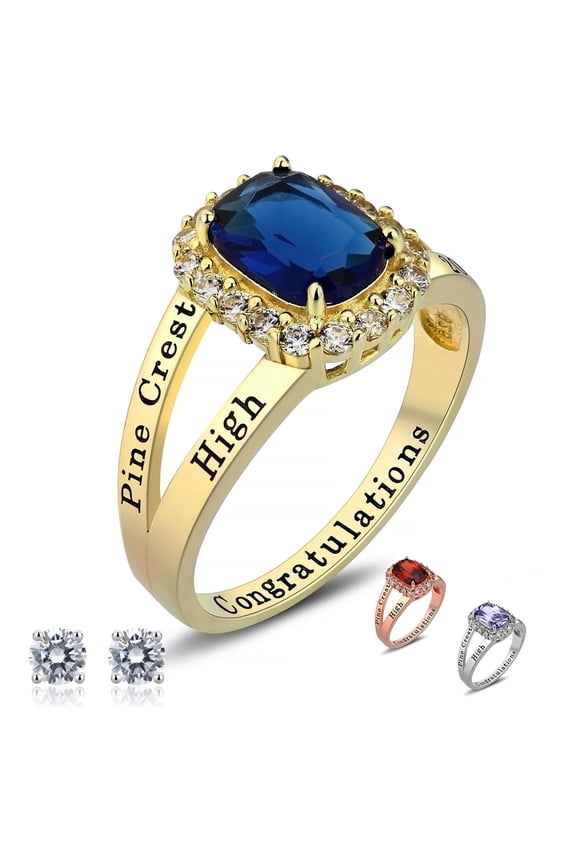 Fully Personalized Customized Sterling Silver Womens (Ladies) High School Class Ring ( Gold Plated)