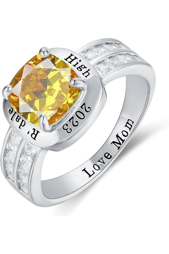 Fully Personalized Customized Sterling Silver class rings Women's High School and College Class Ring Classic Collection (Sterling Silver - Platinium)