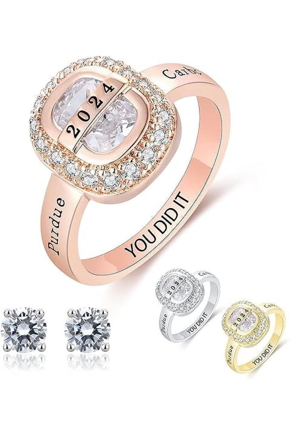 Fully Personalized Customized Sterling Silver class rings Women's High School and College Class Ring Classic Collection (Sterling Silver - Rose Gold Plated)