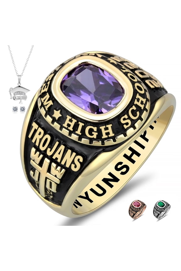 Fully Personalized Customized class rings Sterling Silver High School Class Rings and College Class Ring for women Classic Collection (Sterling Silver - Gold Plated)