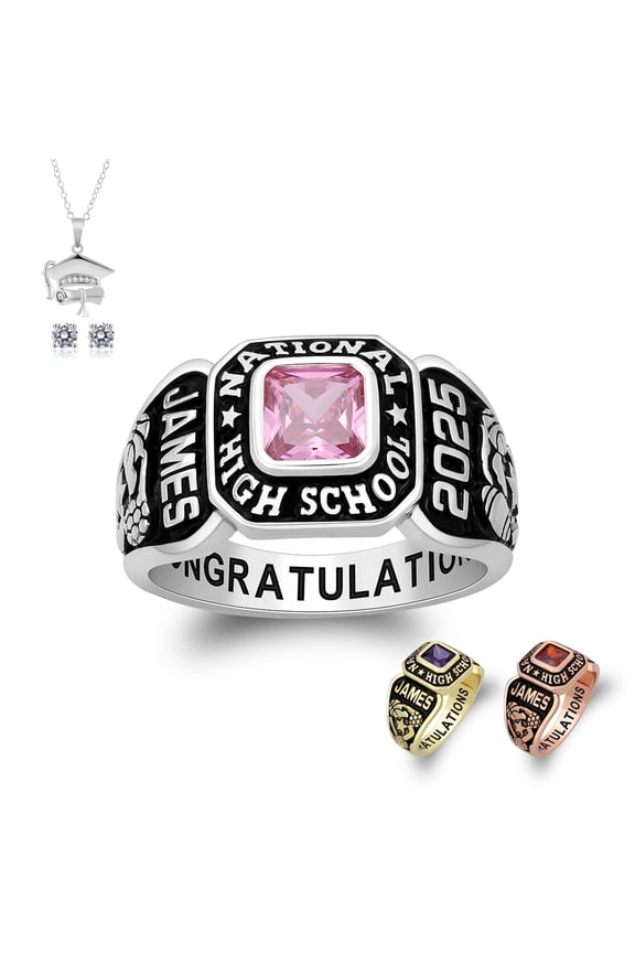 Fully Personalized Customized class rings Sterling Silver High School and College Class Ring  Classic Collection (Sterling Silver - Platinium)