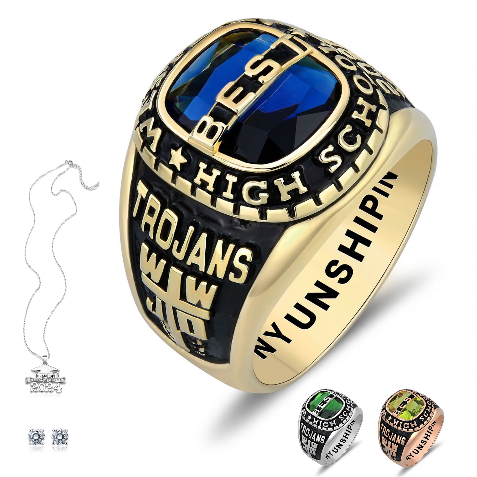 Ccjcinata Fully Personalized Customized class rings Sterling Silver Men's High School and College Class Ring Classic Collection (Sterling Silver - Gold Plated)