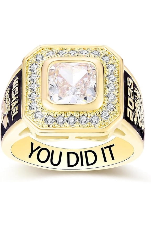 Fully Personalized Customized class rings Sterling Silver Men's High School and College Class Ring Classic Collection(Sterling Silver - Gold Plated)