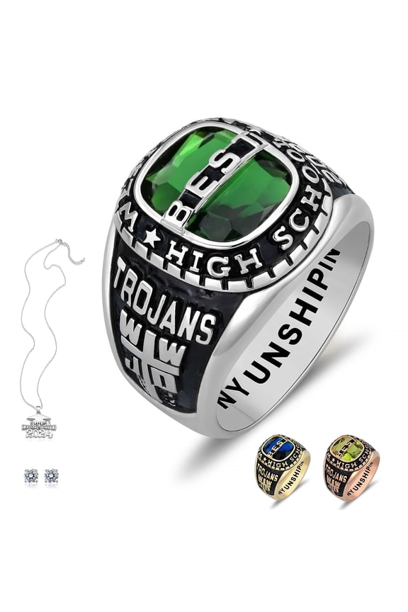 Fully Personalized Customized Class Rings Sterling Silver Men's High School and College Class Ring Classic Collection (Sterling Silver - Platinium)