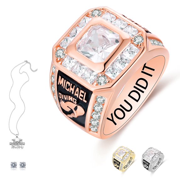 Ccjcinata Fully Personalized Customized class rings Sterling Silver Men's High School and College Class Ring – Classic Collection (Sterling Silver - Rose Gold Plated)