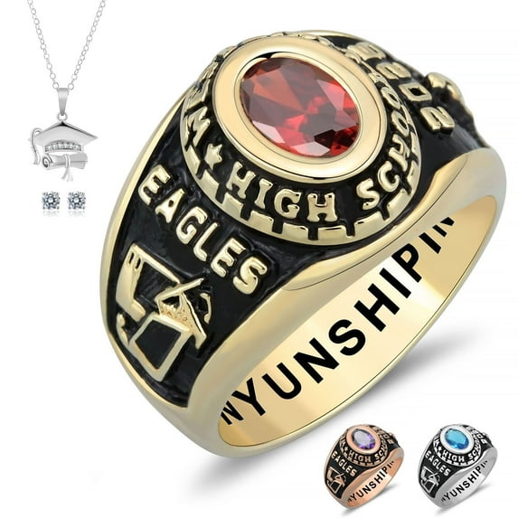 Ccjcinata Fully Personalized Customized class rings Sterling Silver Women's High School Class Rings and College Class Ring – Classic Collection (Sterling Silver - Gold Plated)