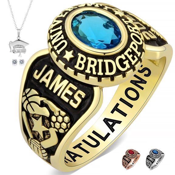 Ccjcinata Fully Personalized Customized class rings Sterling Silver Women's High School and College Class Ring – Classic Collection (Sterling Silver - Gold Plated)